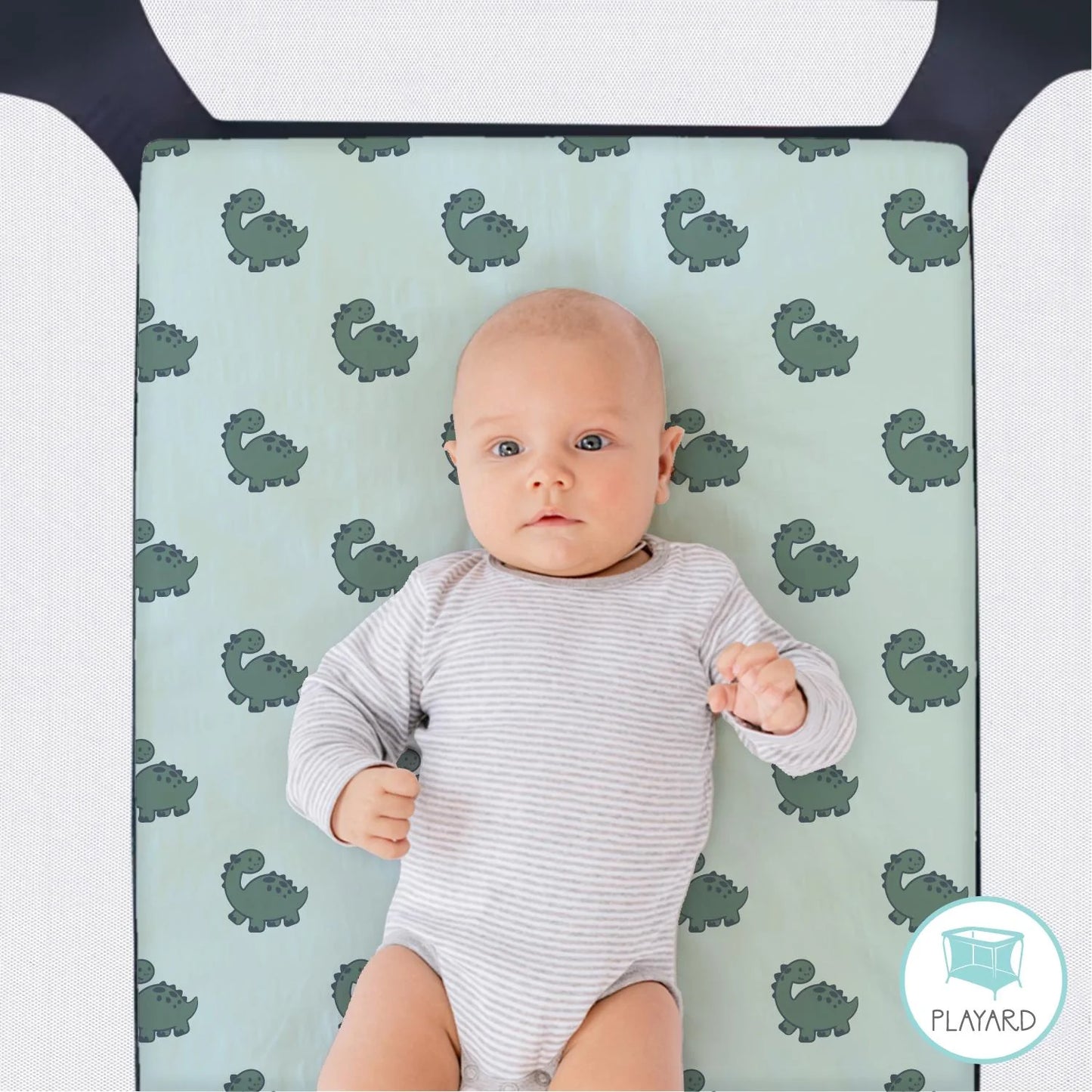 Green Dinos & Dots Boy Baby Playard Mini Crib Sheets, 3-Pack by The Peanutshell