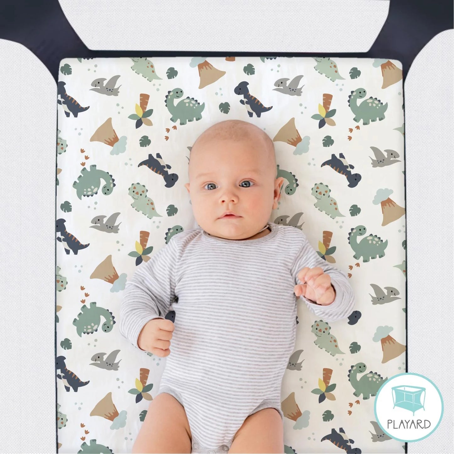 Green Dinos & Dots Boy Baby Playard Mini Crib Sheets, 3-Pack by The Peanutshell
