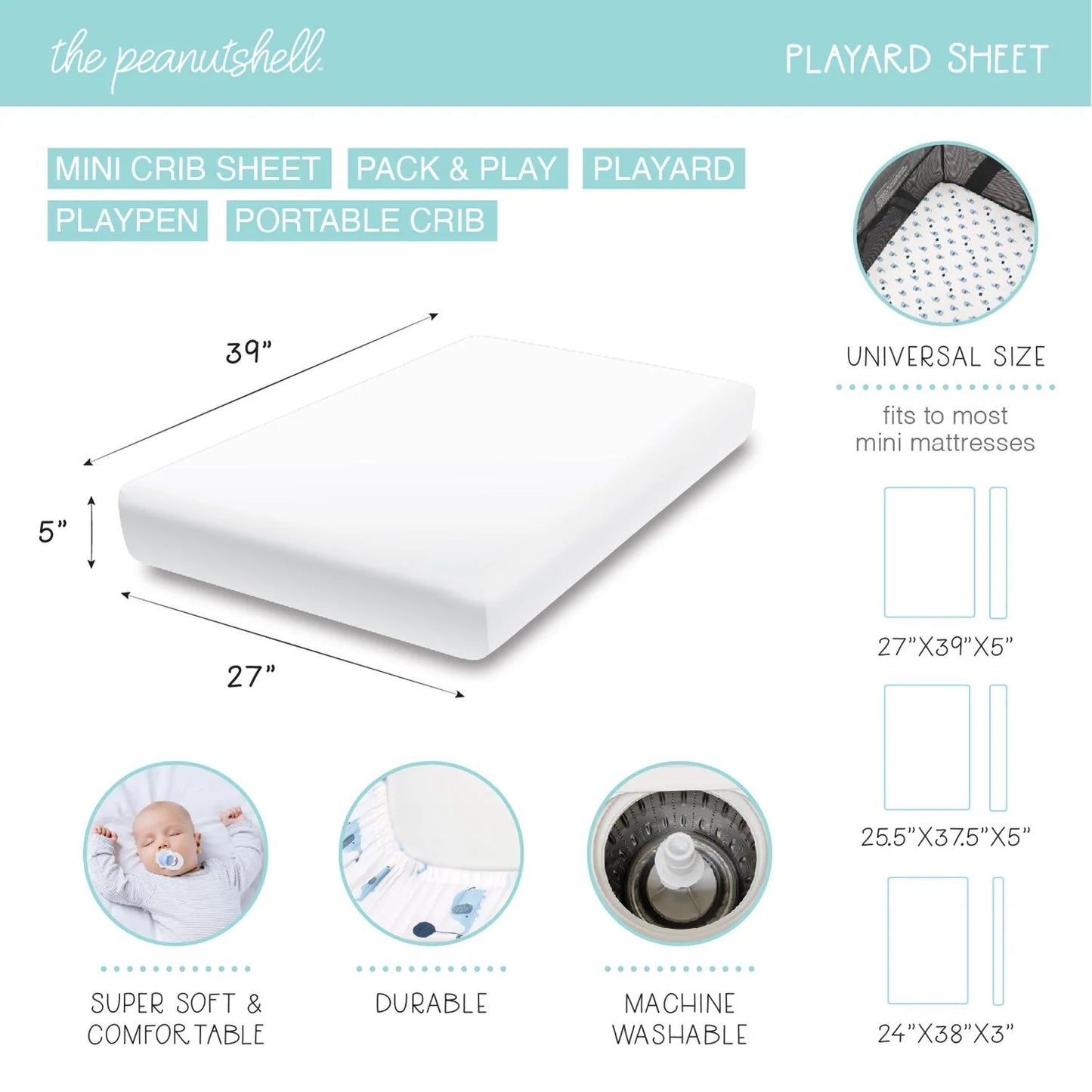Day & Night Unisex Baby Playard Mini Crib Sheets, 3-Pack by The Peanutshell