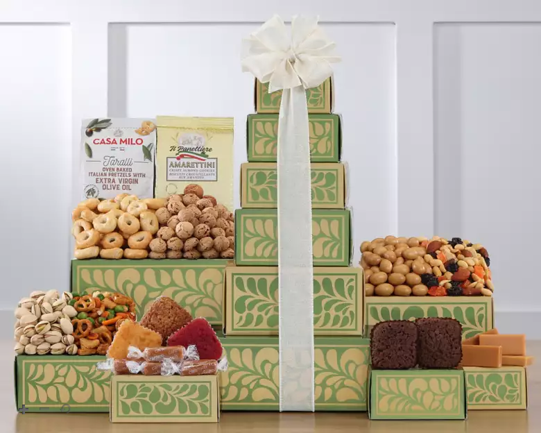 Golden Delights: Chocolate, Nuts & Bakery Sweets Gift Tower for Any Occasion