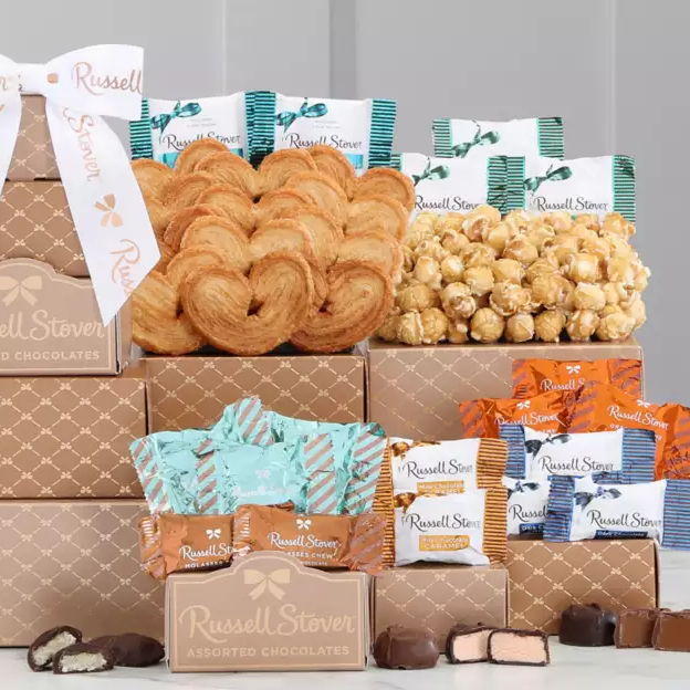 Sweet Delights: Russell Stover Chocolate & Popcorn Gift Tower