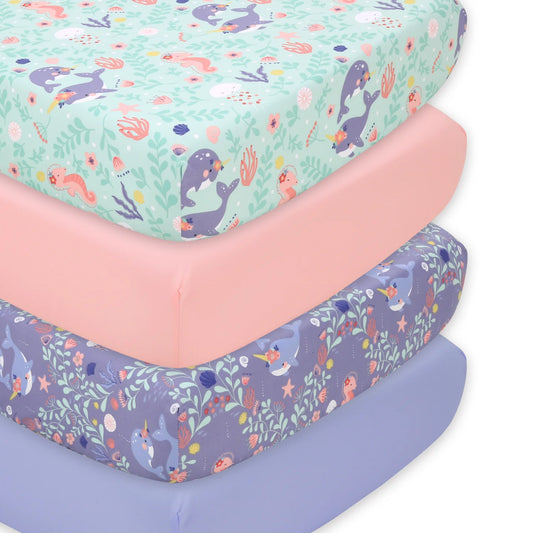 Feminine Ocean Trends Prints & Solids 4 Pack Fitted Crib Sheet Set by The Peanutshell