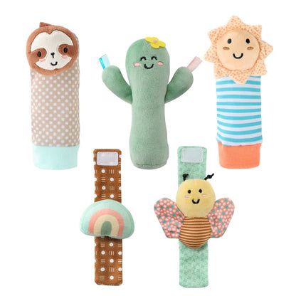 Boho Baby Gift Set of 5 Wrist & Sock Rattles - Cognitive Activity Skill Toys