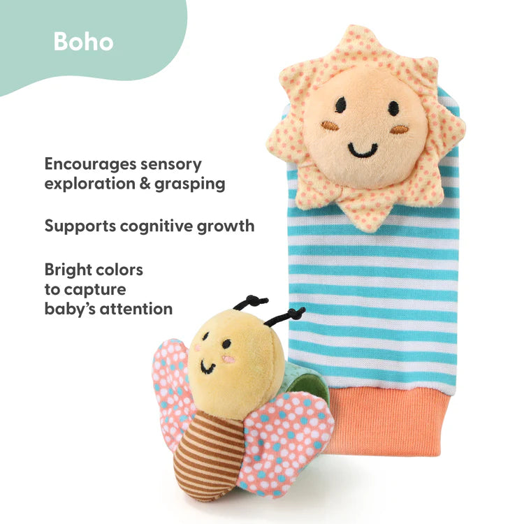 Boho Baby Gift Set of 5 Wrist & Sock Rattles - Cognitive Activity Skill Toys