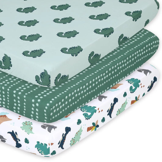 Green Dinos & Dots Boy Baby Playard Mini Crib Sheets, 3-Pack by The Peanutshell