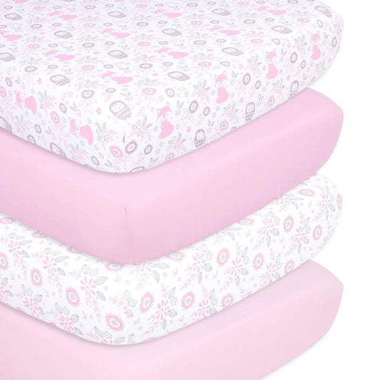 Pink Woodland Floral Prints & Solids 4 Pack Fitted Crib Sheet Set by The Peanutshell