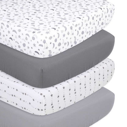 Celestial Moon & Stars Prints & Solids 4 Pack Fitted Crib Sheet Set by The Peanutshell