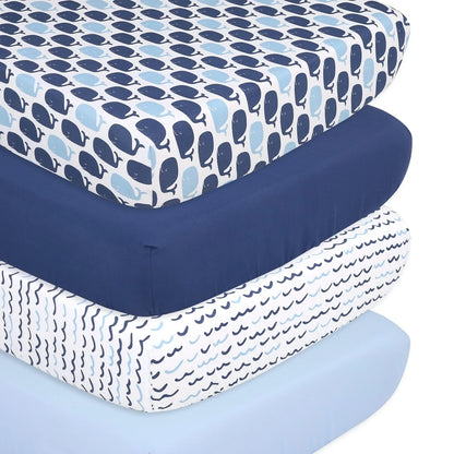 Nautical Blue with Navy Prints & Solids 4 Pack Fitted Crib Sheet Set by The Peanutshell