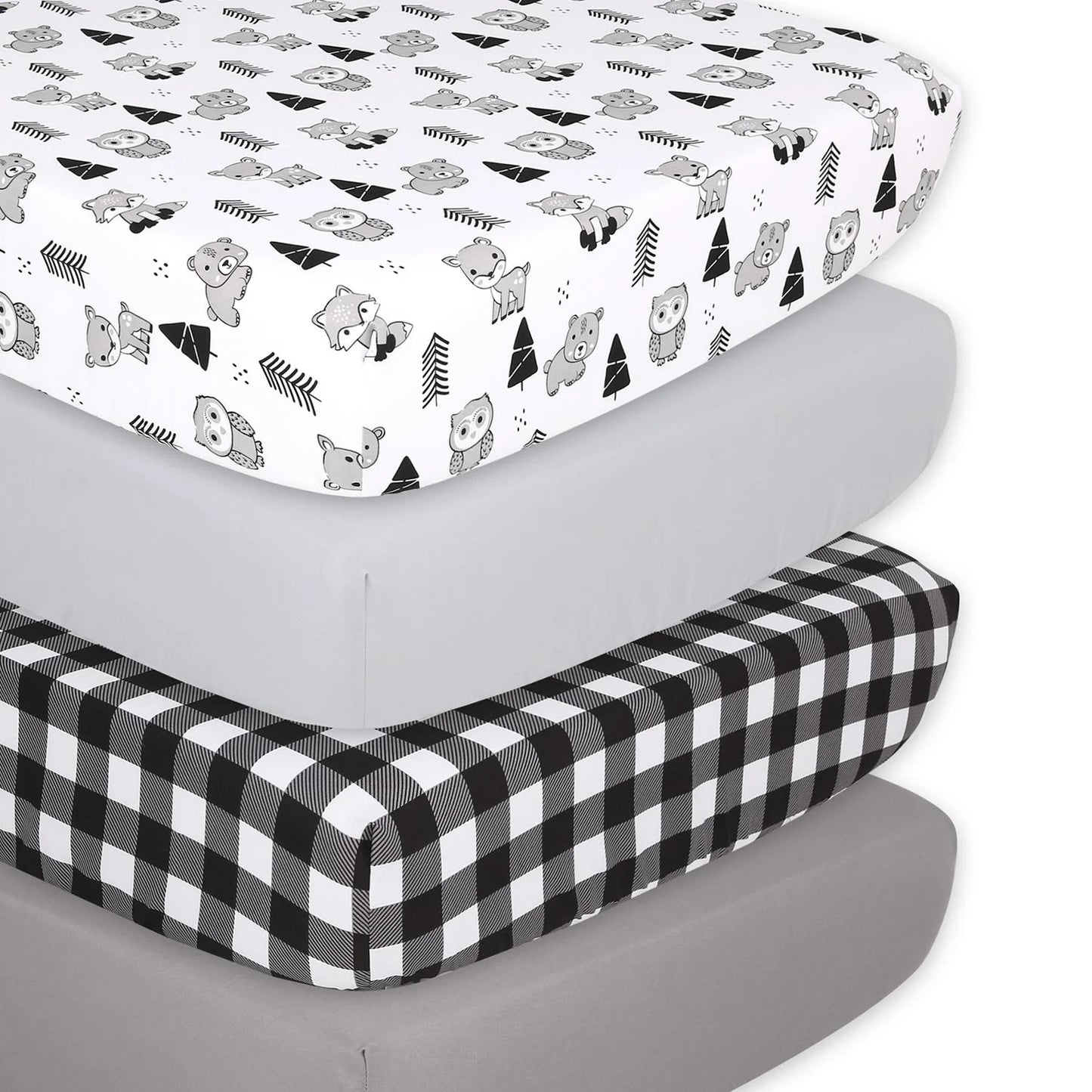 Gray Woodland with Plaid Prints & Solids 4 Pack Fitted Crib Sheet Set by The Peanutshell