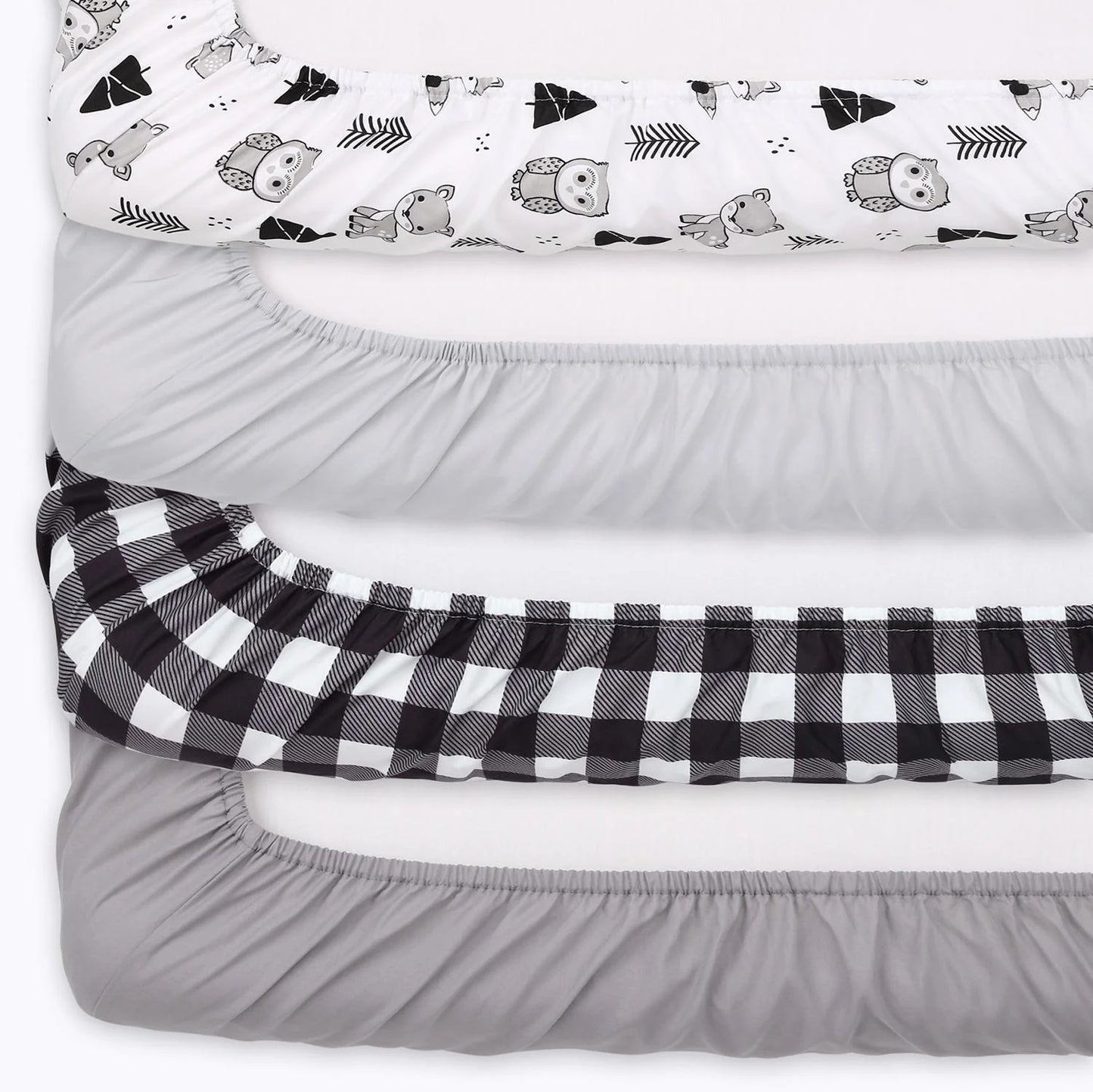 Gray Woodland with Plaid Prints & Solids 4 Pack Fitted Crib Sheet Set by The Peanutshell