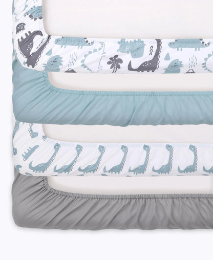 Dinosaur Blue with Gray Prints & Solids 4 Pack Fitted Crib Sheet Set by The Peanutshell