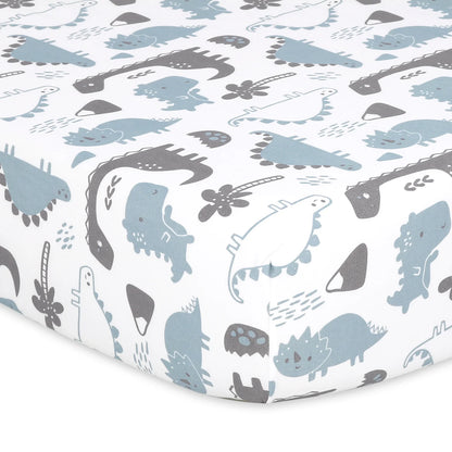 Dinosaur Blue with Gray Prints & Solids 4 Pack Fitted Crib Sheet Set by The Peanutshell