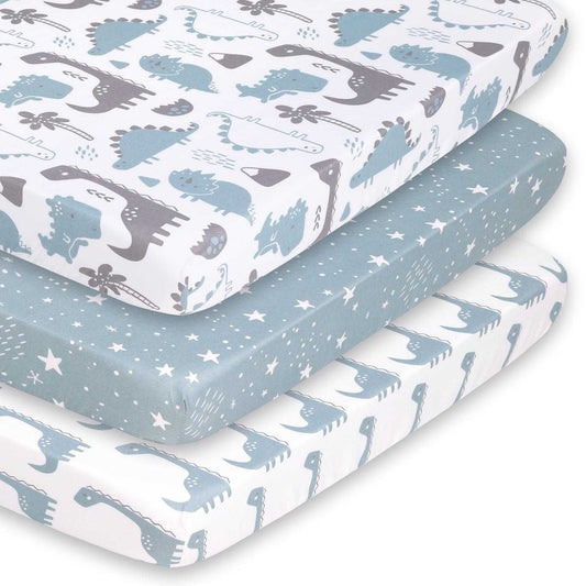 Blue Dinos & Stars Boy Baby Playard Mini Crib Sheets, 3-Pack by The Peanutshell