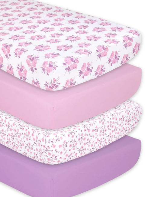 Rose Floral Prints & Solids 4 Pack Fitted Crib Sheet Set by The Peanutshell