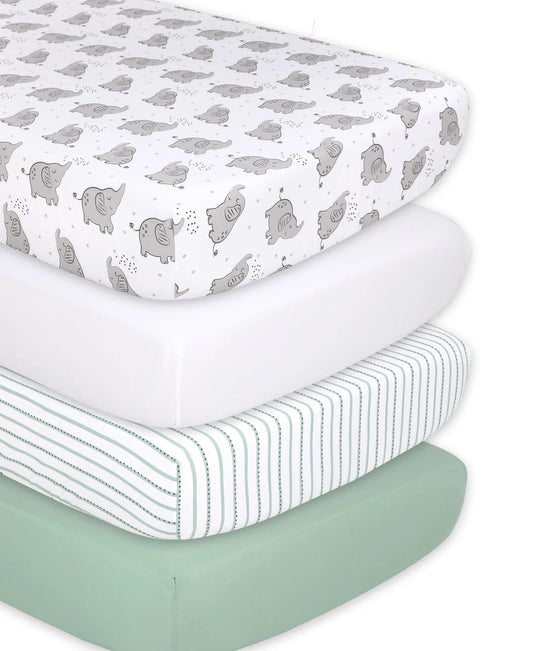 Elephant Gray with Green Prints & Solids 4 Pack Fitted Crib Sheet Set by The Peanutshell