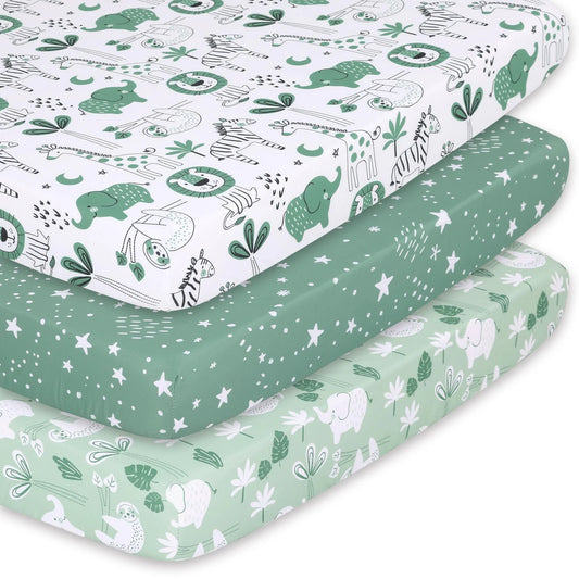 Green Safari & Stars Boy Baby Playard Mini Crib Sheets, 3-Pack by The Peanutshell