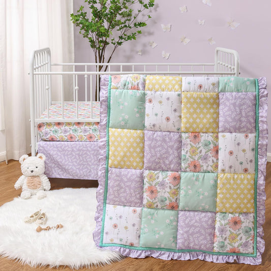 Fresh Floral Patchwork 3 Piece Baby Girls Crib Bedding Set by The Peanutshell
