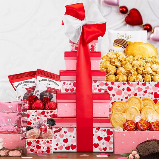 Valentine's Day gift basket with pink and red packaging, including cookies, popcorn, and chocolate.