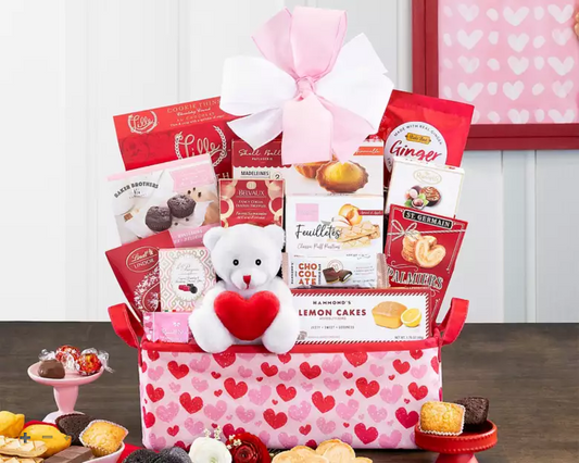 Sweet Love: Valentine's Day Treats Gift Basket with Plush Bear Toy