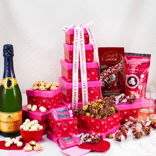 Tower of Love Valentine's Day Champagne & 5 Box Sweet Snack Set
