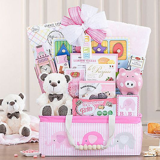 Bundle of Joy: Parent's Treats and Baby Girl Gift Basket with Piggy Bank & More