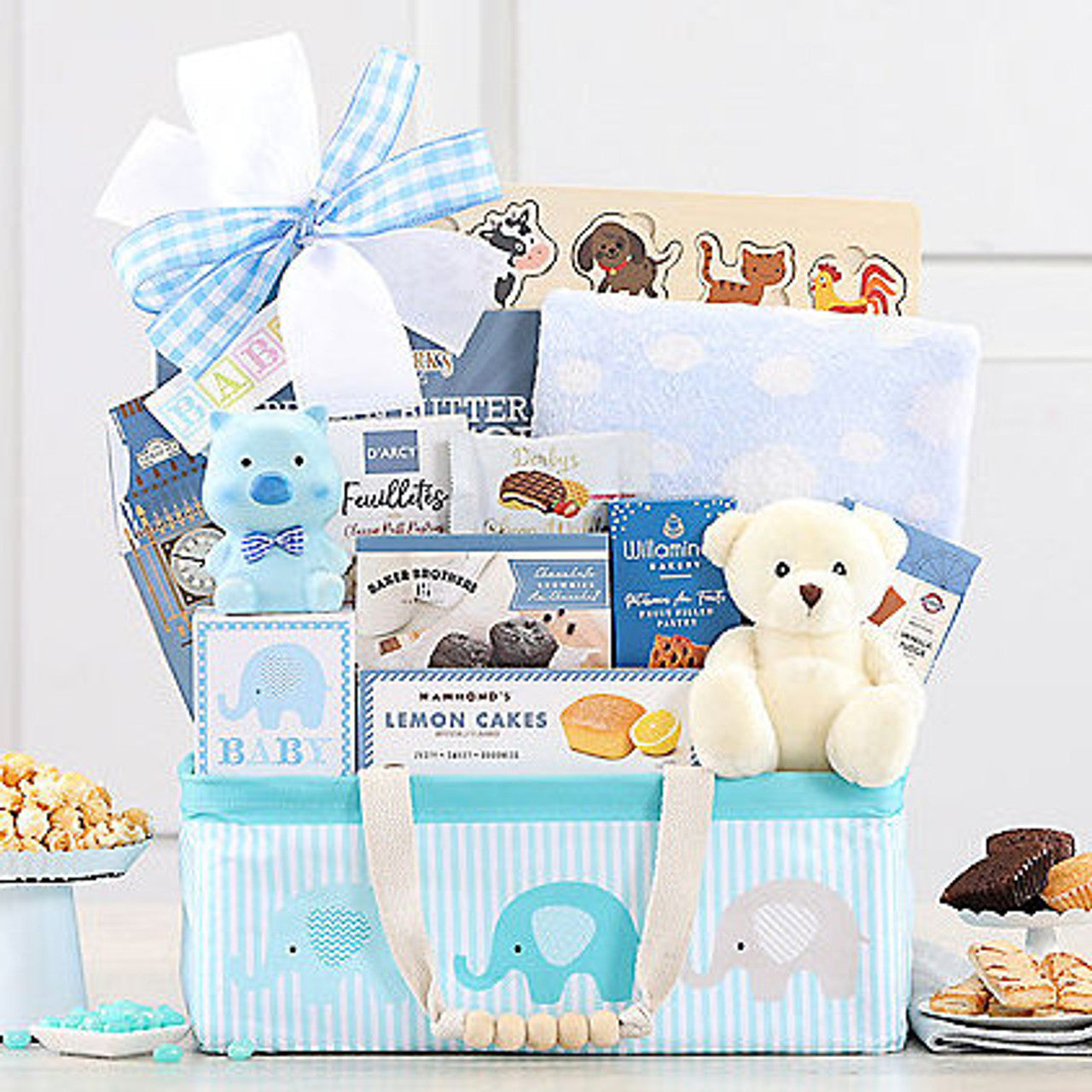 Bundle of Joy: Parent's Treats and Baby Boy Gift Basket with Piggy Bank & More