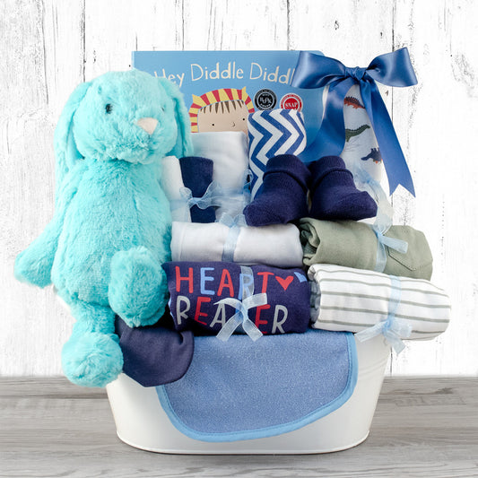 Heart Breaker: Boy Baby Shower Gift Basket with Blue Bunny Plush Toy