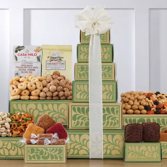 Golden Delights: Chocolate, Nuts & Bakery Sweets Gift Tower for Any Occasion
