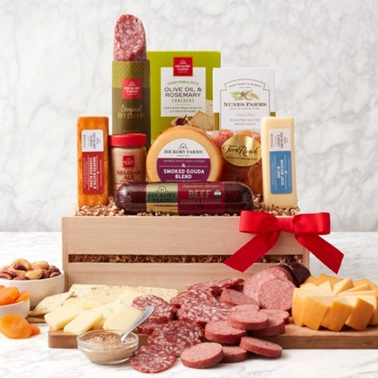 Gourmet Deluxe: Beef Sausage & Cheese Wooden Gift Crate for Any Occasion