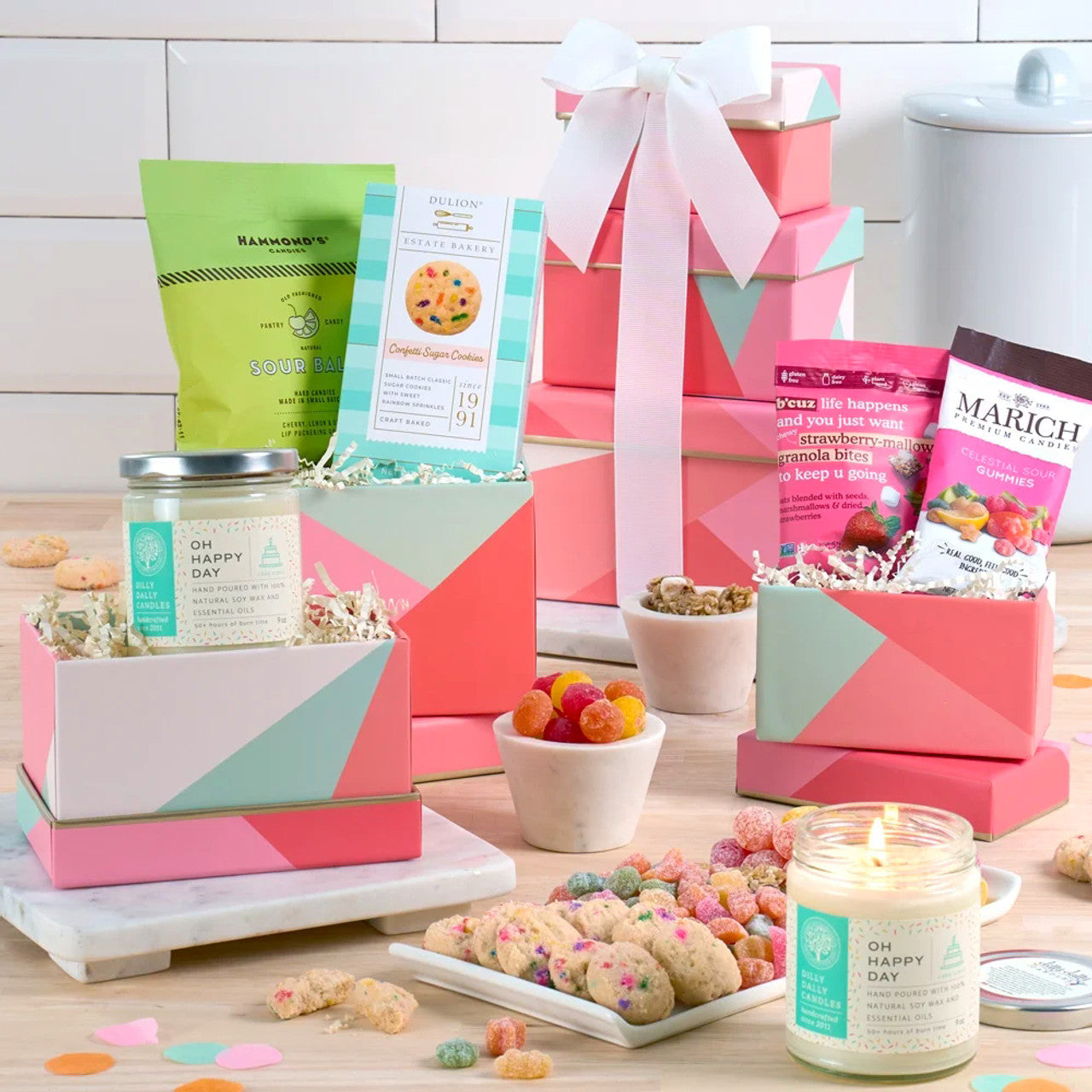 Oh Happy Day: Gourmet Sweet Treats Gift Tower with Dilly Dally Candle