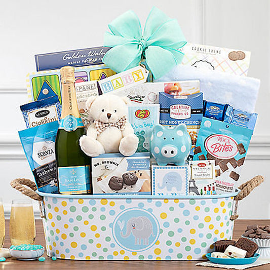 Ultimate Sparkling Wine: Treats in Baby Boy Gift Basket with Piggy Bank, Plush & More