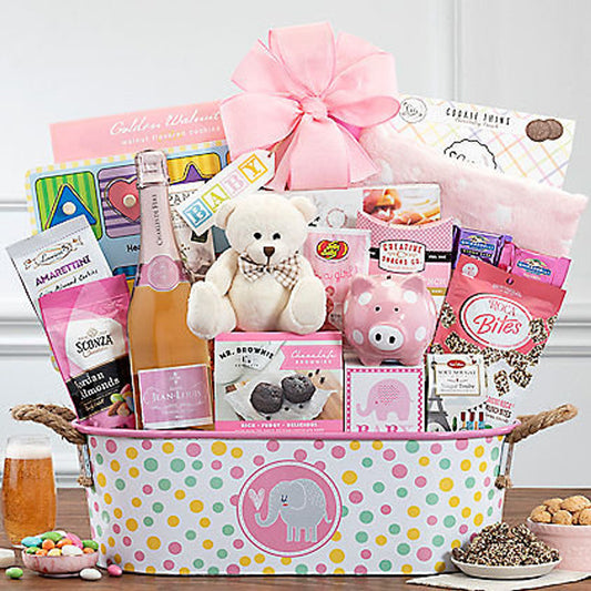 Ultimate Sparkling Wine: Treats in Baby Girl Gift Basket with Piggy Bank, Plush & More