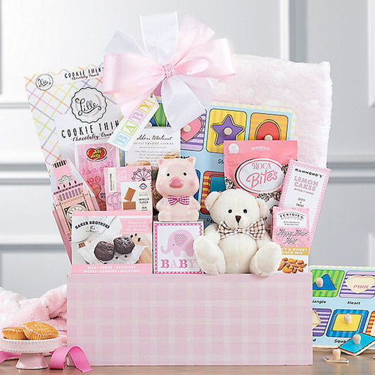 Hello Baby: Parent's Treats and Pink Baby Girl Gift Basket with Piggy Bank & More