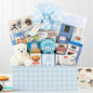 Hello Baby: Parent's Treats and Blue Baby Boy Gift Basket with Piggy Bank & More