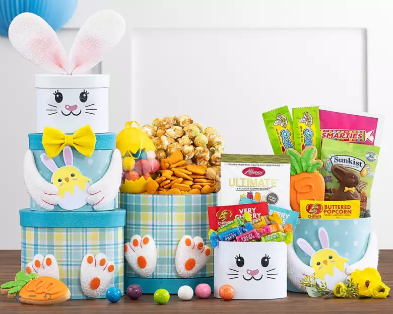 Easter Bunny Surprise: Happy Easter Candy & Cookie Gift Tower