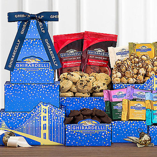 Ghirardelli Chocolate: Delightful Blue Gourmet Chocolate Gift Tower